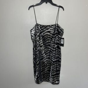 AIDAN MATTOX Dress Womens 8 Mini Cocktail Silver Black Sequin Strappy NEW